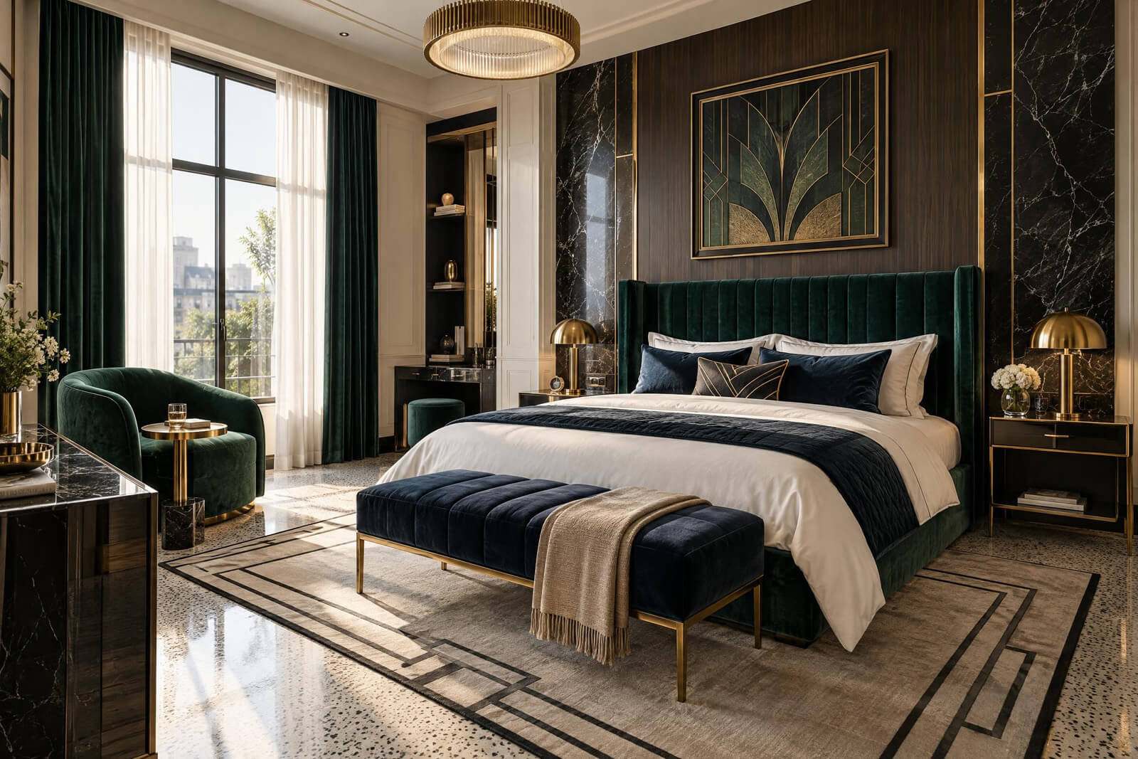 Camera da letto principale in stile Art Déco renderizzato con l'IA