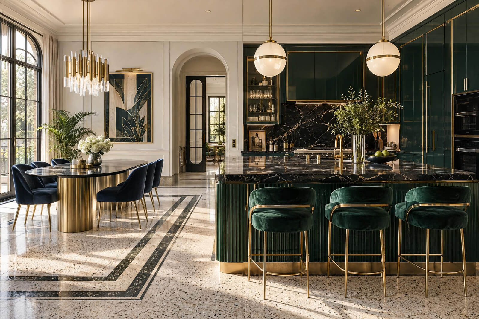 Cucina e sala da pranzo in stile Art Déco renderizzato con l'IA