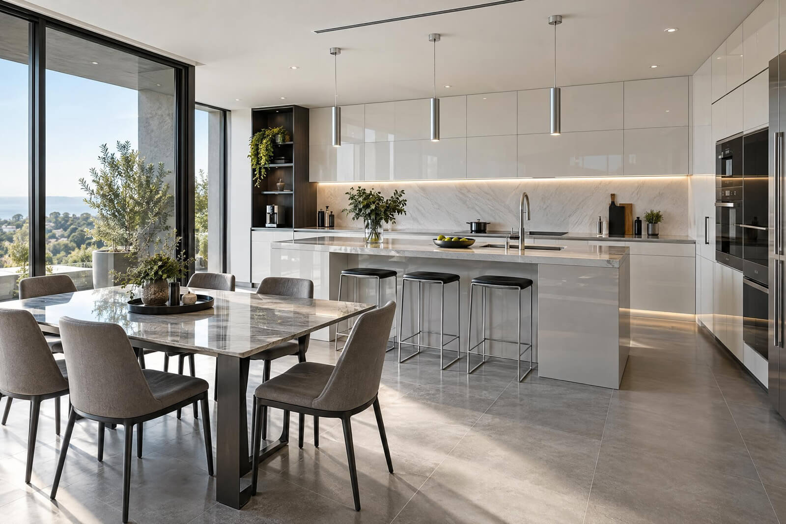Cucina e sala da pranzo in stile High-tech renderizzato con l'IA