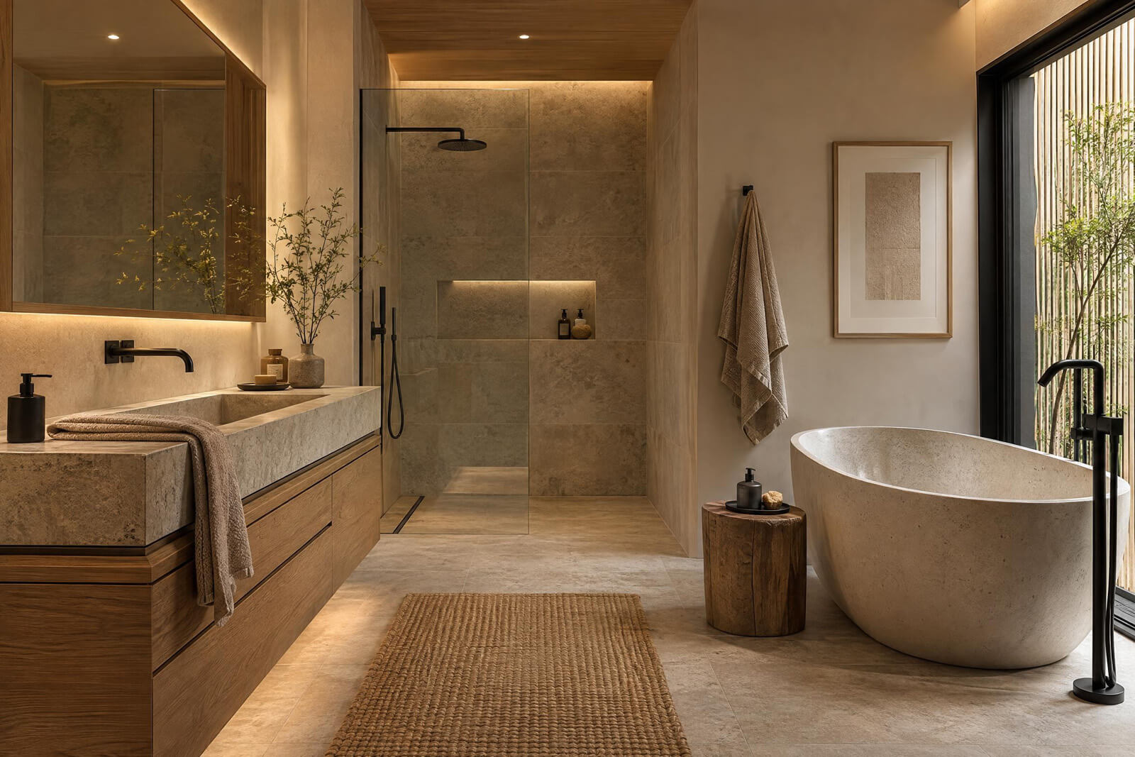 Badezimmer / Spa im Stil Japandi, mit KI gerendert