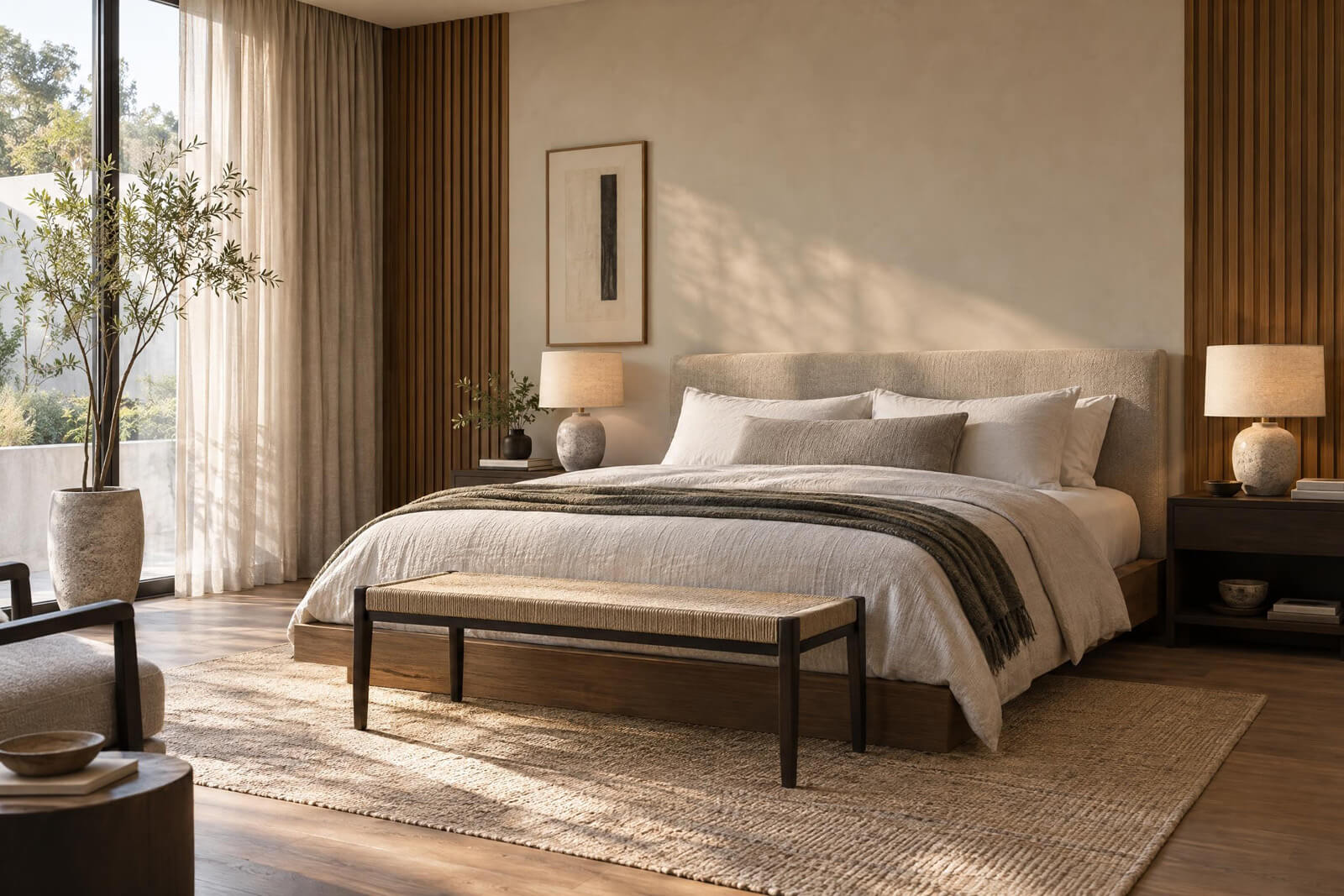 Hauptschlafzimmer im Stil Japandi, mit KI gerendert