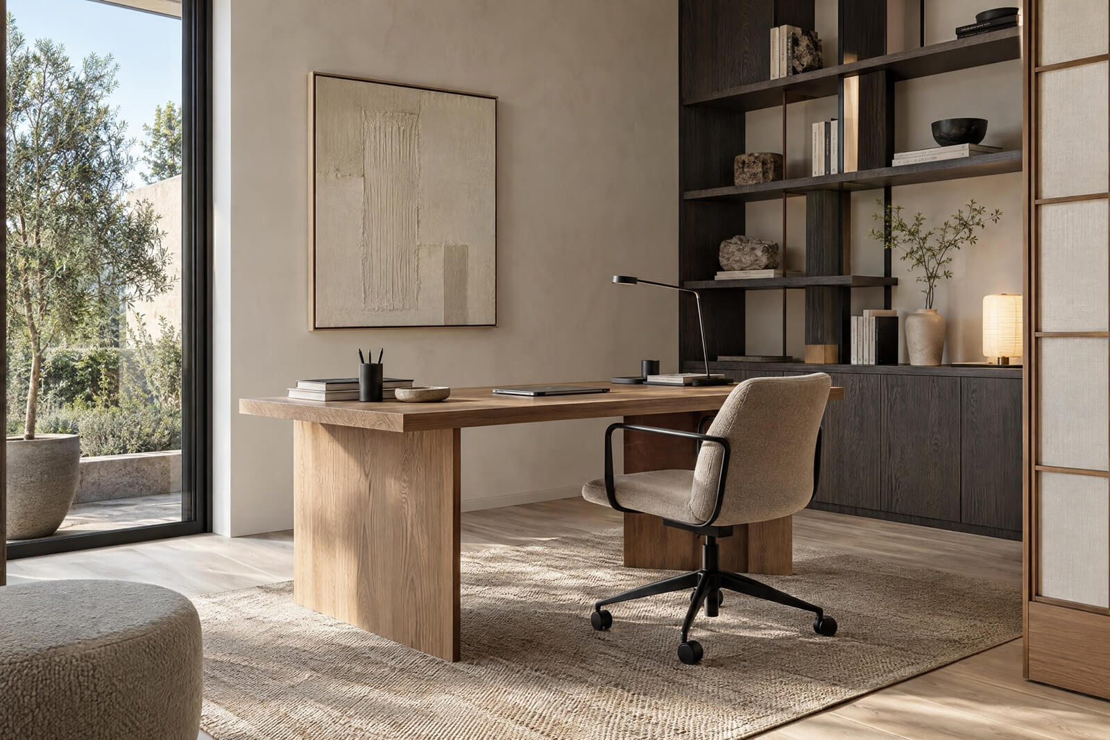 Arbeitszimmer im Stil Japandi, mit KI gerendert