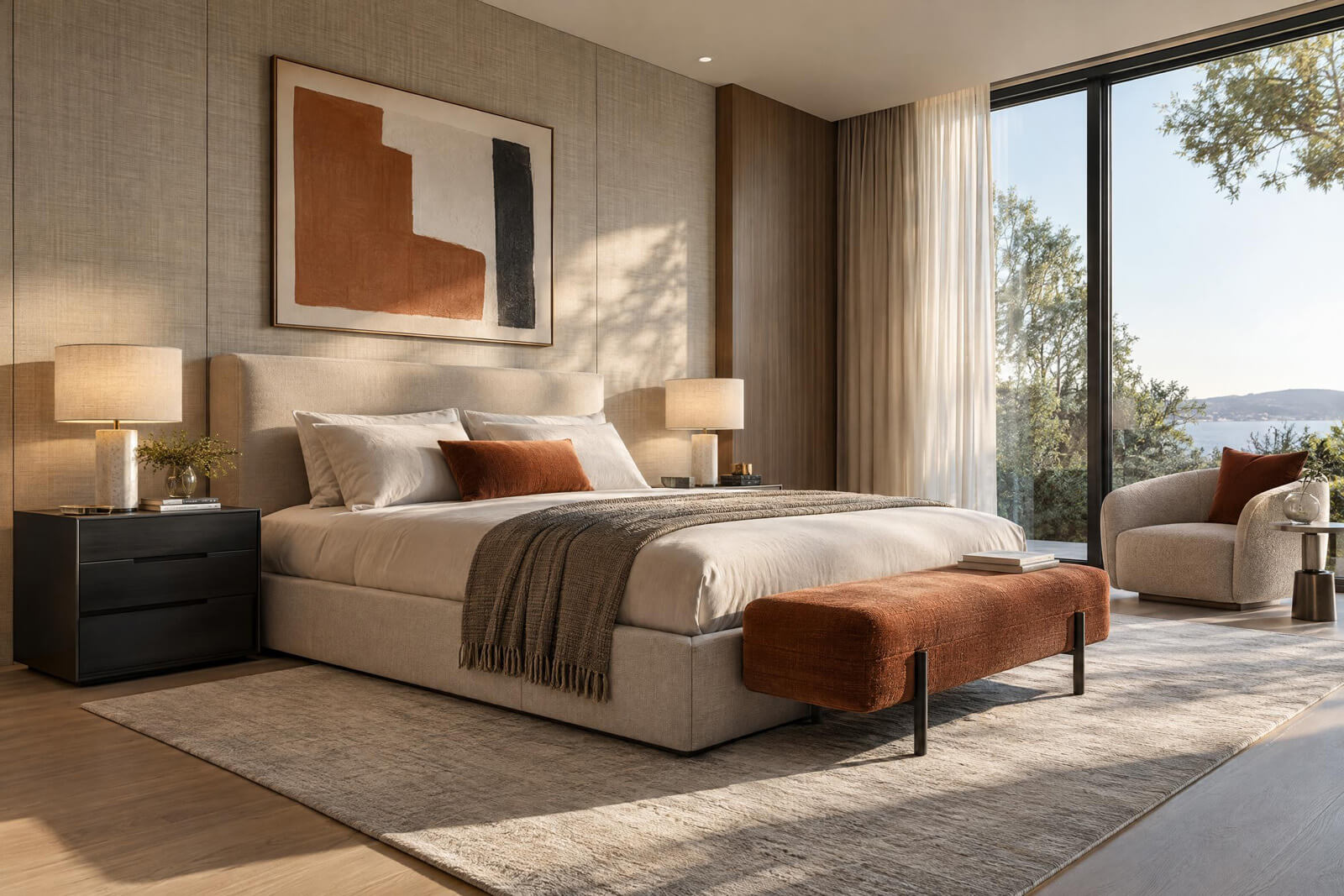 Modern Master Bedroom interior rendered with AI