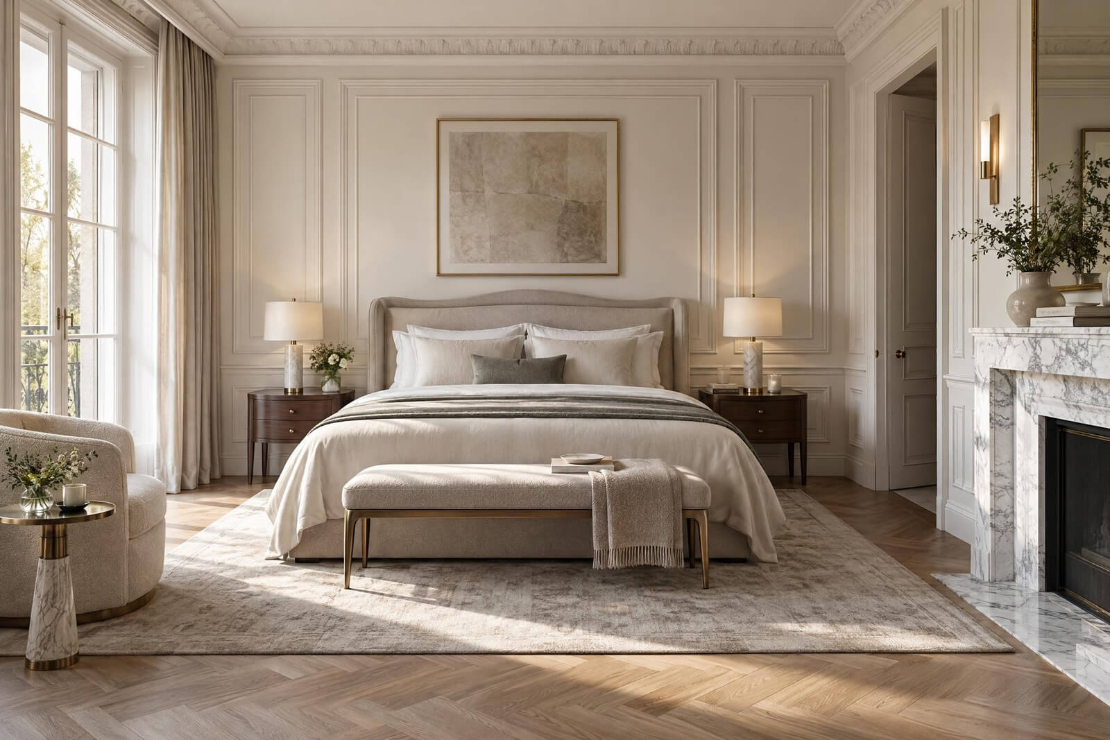 Neoclassic Master Bedroom interior rendered with AI