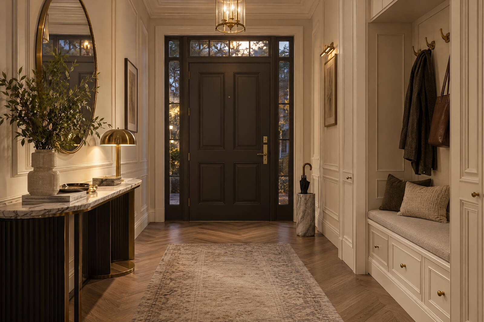 Neoclassic Entryway / Mudroom interior rendered with AI