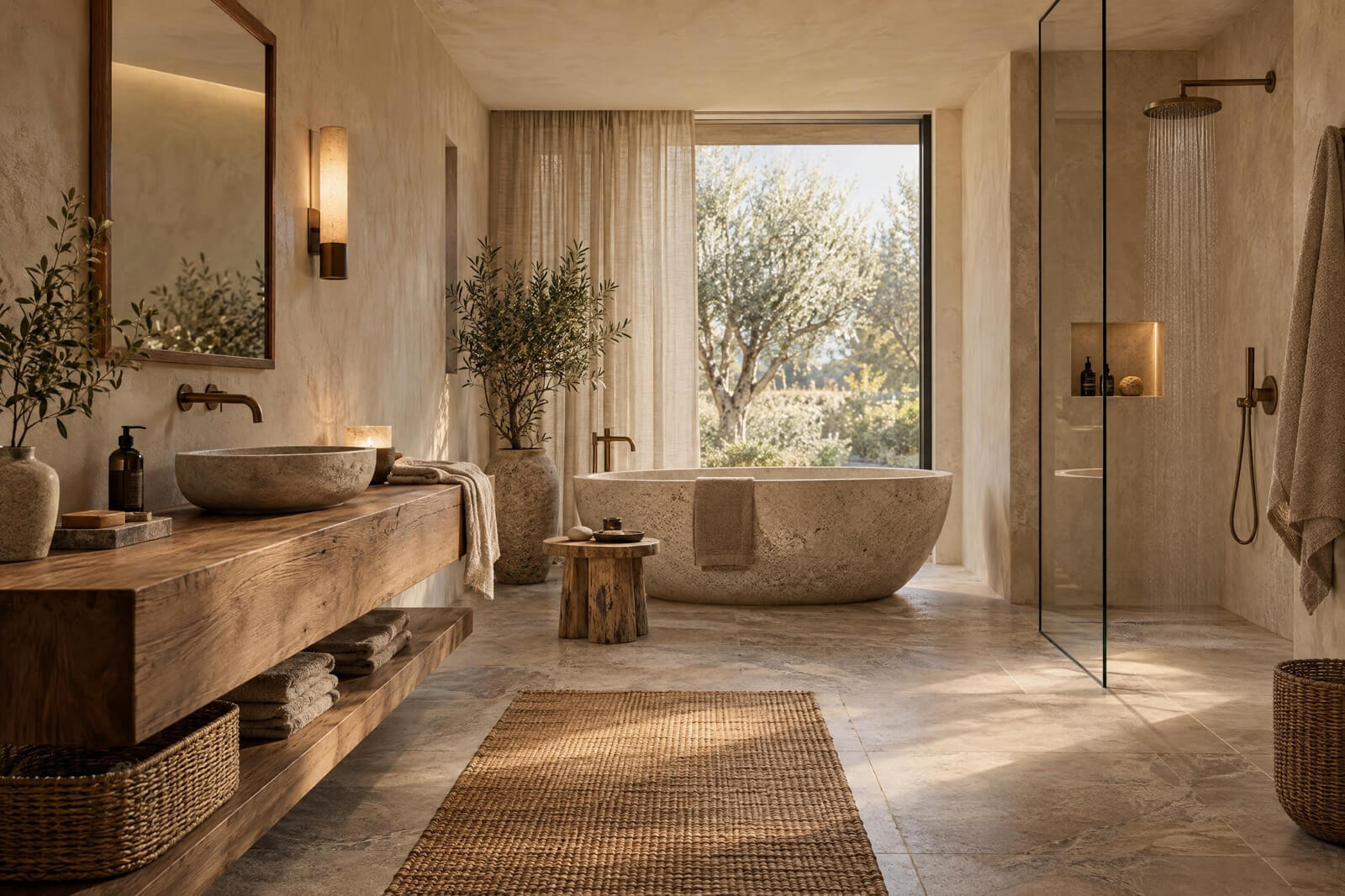 Badezimmer / Spa im Stil Wabi-Sabi, mit KI gerendert