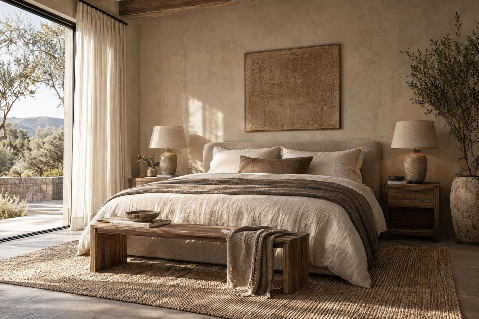 Hauptschlafzimmer im Stil Wabi-Sabi, mit KI gerendert