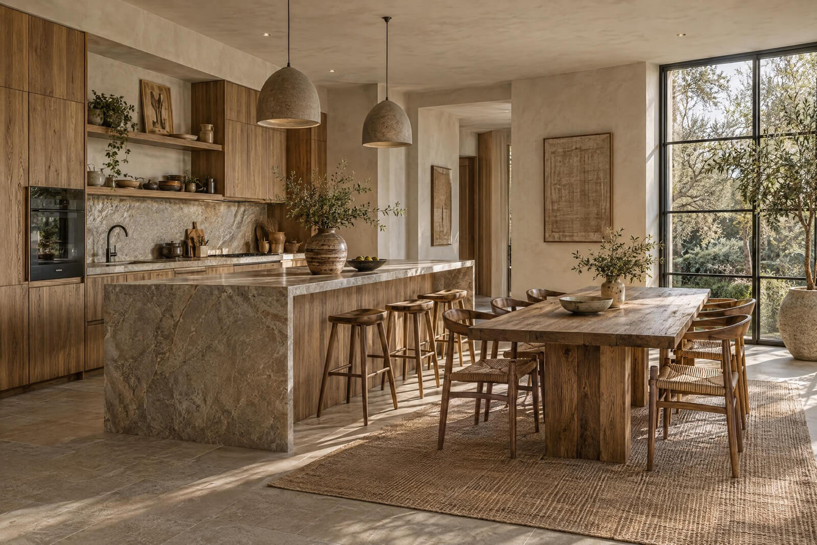 Küche & Esszimmer im Stil Wabi-Sabi, mit KI gerendert