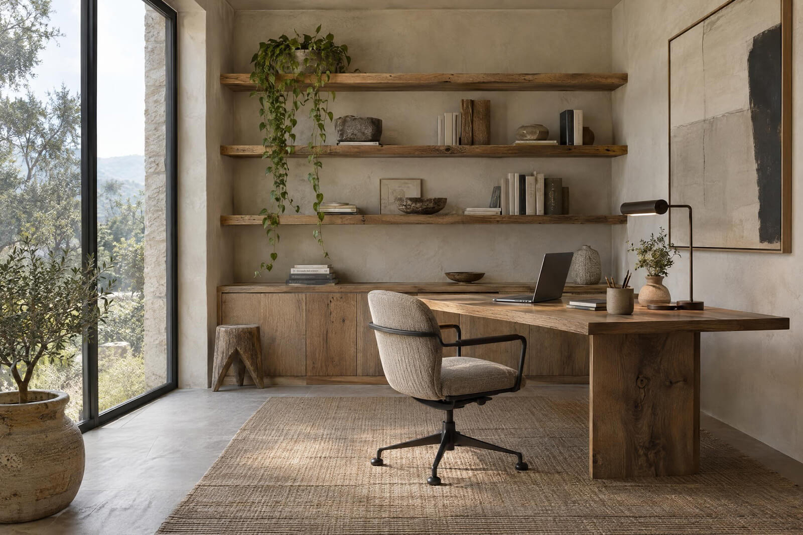 Arbeitszimmer im Stil Wabi-Sabi, mit KI gerendert